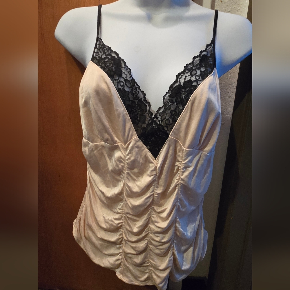 Express Blush Pink Satin Camisole with Black Lace Trim - Picture 2 of 5